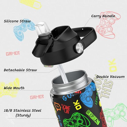 Boys Game Water Bottle for School，Kids 18 oz Insulated Stainless Steel Cup with Straw, Double-Wall Vacuum Leakproof - color: C8.Game