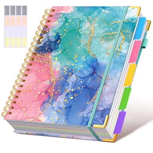 Spiral Notebooks 8.5"x11" for Work with Removable Dividers Tabs,300 Pages 5 Subject Notebook College Ruled,100GMS Notebook journal for School Note taking,Lined Journal for Women,A4 Pink Blue Marble - color: Pink Blue Marble, size: A4（8.5" x 11"）