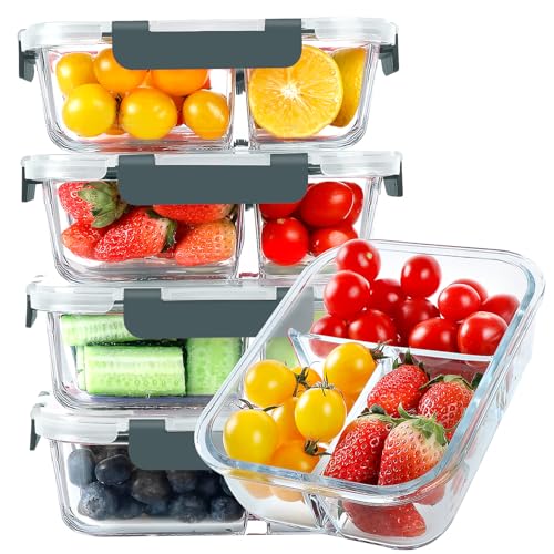 KOMUEE Glass Meal Prep Containers 3 Compartments, 5 Pack 36 oz, Glass Food Storage Containers with Lids, Airtight Lunch Bento Box, Portion Control, Freezer and Microwave Safe - color: Gray