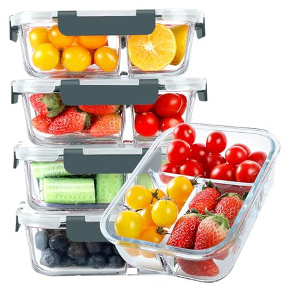 KOMUEE Glass Meal Prep Containers 3 Compartments, 5 Pack 36 oz, Glass Food Storage Containers with Lids, Airtight Lunch Bento Box, Portion Control, Freezer and Microwave Safe - color: Gray
