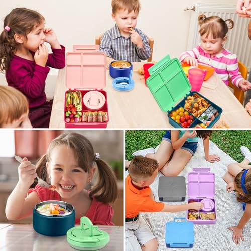Bento Lunch Box for Kids with 8oz Soup Thermo,Kids Leakproof Lunch Food Containers with 4 Compartment,Kid Insulated Thermo Hot Food Jar for School,Trvael-Green - color: Green