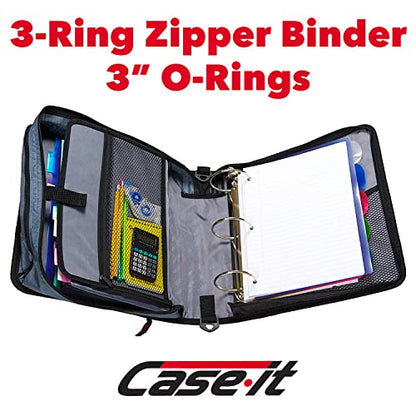 Case-it Mighty Zip Tab Zipper Binder with 5-Color Tabs, Expanding File Folder, Shoulder Strap and Handle, 600 Sheet Capacity, 3 Inch O-Rings, Jet Black and Fire Engine Red