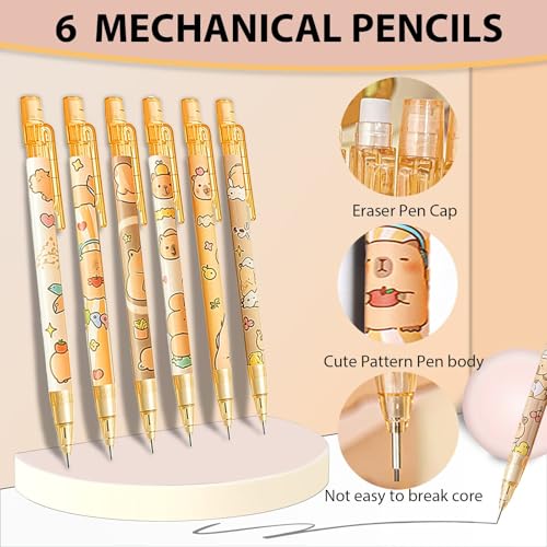 Cute Capybara Mechanical Pencil Set,6Pcs 0.5mm Capybara Mechanical Pencils with 600Pcs 0.5mm Pencil Leads,4Pcs Capybara Erasers,Kawaii Cartoon Pencils for Office School Supplies