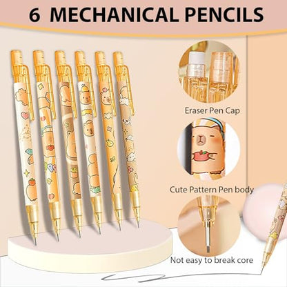 Cute Capybara Mechanical Pencil Set,6Pcs 0.5mm Capybara Mechanical Pencils with 600Pcs 0.5mm Pencil Leads,4Pcs Capybara Erasers,Kawaii Cartoon Pencils for Office School Supplies