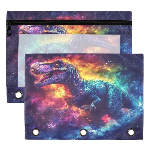 Galaxy Dinosaur T. Rex Binder Pouches 3 Ring for Boys Girls School Office College Supplies Space Dino Stars Tyrannosaurus Rex Nebula Pencil Pouches Case Bag with Clear Window and Zipper 2 Pack - color: Dinosaur