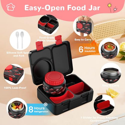Kids Lunch Box with Thermo, Leakproof Bento Box for Kids with 8OZ Insulated Food Jar, Ice Pack, Sauce Cup, Utensils, Removable Tray & Dividers for School Daycare Travel (Racing cars) - color: Racing cars