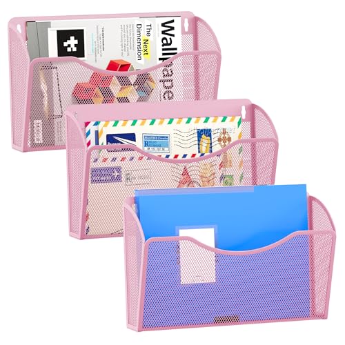 EasyPAG Wall File Organizer 3 Pack, Hanging File Organizer Wall Mount, Metal Mesh Folder Holder for Letter/A4 Papers, Mail Sorter for Office, Classroom, Home, Pink - color: Pink