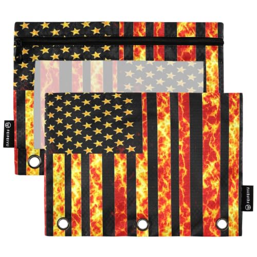 Gredecor 3 Ring Binder Pencil Pouch, American Flag with Fiery Zippered Pen Case Pouches with Clear Window, 2 Pack Stylish Office & School Supplie - color: American Flag With Fiery