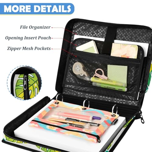 Monstera Leaves Zipper Binder with 2 Inch D-Rings Expandable File Portfolio with Shoulder Strap, Waterproof Nylon Organizer for 14" Laptop for Work College Travel