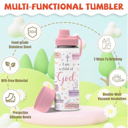 Christian Gifts for Women - 18oz Child of God Water Bottle with 2 Lid, Pink Stainless Steel Insulated Water Bottle, Leak Proof, BPA-Free, Animals Cup for School, Travel, Gift Cup for Teens Women - color: Pink God