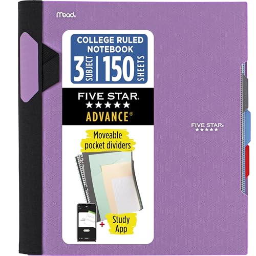 Five Star Advance Spiral Notebook + Study App, 3 Subject, College Ruled Paper, 8-1/2" x 11", 150 Sheets, Spiral Guard, Movable Tabbed Dividers, Amethyst Purple (820060G) - color: Amethyst Purple, size: Pack of 1