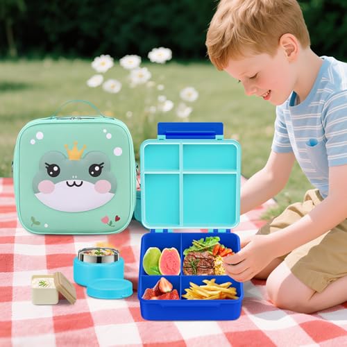Kids Bento Box - 4 Compartment, Leak-Proof, with Soup Thermo | 9oz Soup Thermo Included, Insulated Lunch Bag, For Boys & Girls, School & Travel - color: Frog-Blue