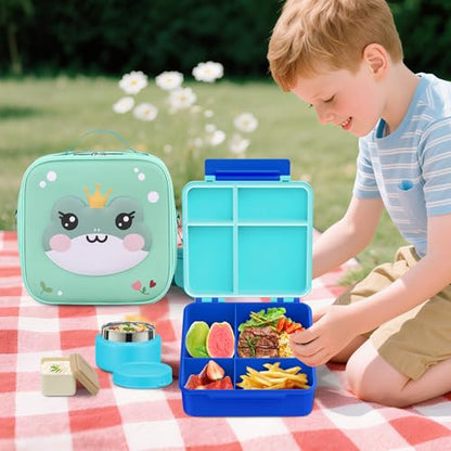 Kids Bento Box - 4 Compartment, Leak-Proof, with Soup Thermo | 9oz Soup Thermo Included, Insulated Lunch Bag, For Boys & Girls, School & Travel - color: Frog-Blue