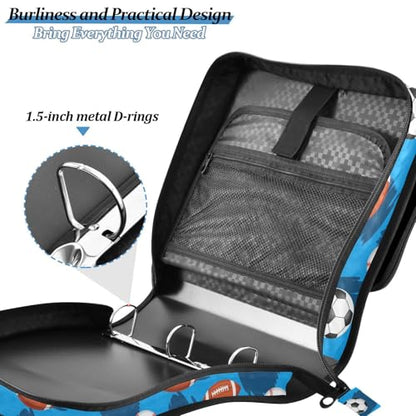 Zipper Binder Bag 3 Ring File Folder Portfolio Organizer Zippered Binder Bags with Strap Fits Laptop Women Men - color: 29-sports Balls Blue