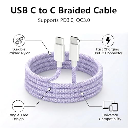 USB C to C Charger Cable, 60W, 3FT, 2-Pack, Purple | Fast Charging, Braided Nylon, for iPhone 17/16/15, MacBook iPad, Galaxy S25/S24 - color: Purple, size: 3FT+3FT
