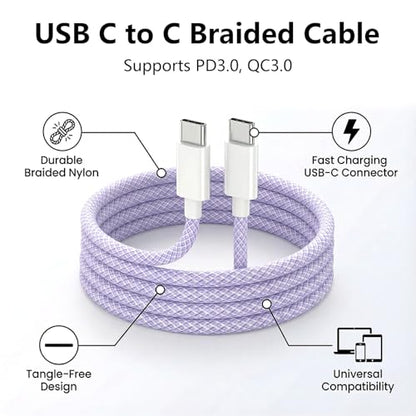 USB C to C Charger Cable, 60W, 3FT, 2-Pack, Purple | Fast Charging, Braided Nylon, for iPhone 17/16/15, MacBook iPad, Galaxy S25/S24 - color: Purple, size: 3FT+3FT