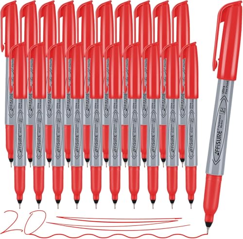 Red Ultra Fine Point Permanent Marker, 20 Pack, 0.4 mm, Precision Fine Tip for Detailed Writing, Art, Crafts & Labeling on Paper, Plastic, Glass, Metal, Waterproof, Fade-Resistant Ink - size: 20