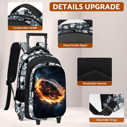 Boys Rolling Backpack for Kids - American Football Kids Rolling Backpack with Wheels for Elementary Middle School Students - Roller School Bookbag Aged 6-18, Wheeled Travel Bag Large Capacity - color: Football-002-backpack Only