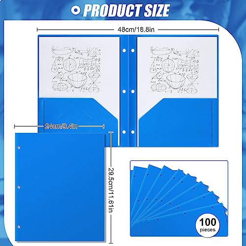 Yeaqee 100 Pcs Plastic Folders with Pockets Bulk 3 Hole Punched 2 Pocket File Folders for 3 Ring Binder Divider Folder for Notebooks, Durable Poly for Office Home (Blue) - color: Blue