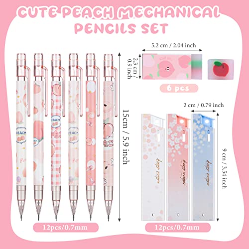 Breling 30 Pcs Kawaii Peach Mechanical Pencil Gift Set 12 Mechanical Japanese Pencils 6 Cute Peach Eraser 12 Tube HB Refill First Day of School Office Gift(0.7mm) - size: 0.7mm