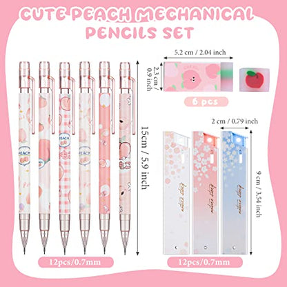 Breling 30 Pcs Kawaii Peach Mechanical Pencil Gift Set 12 Mechanical Japanese Pencils 6 Cute Peach Eraser 12 Tube HB Refill First Day of School Office Gift(0.7mm) - size: 0.7mm