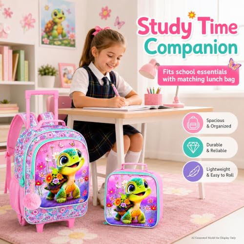 gxtvo Girls Rolling Backpack, Cute Turtle Roller Wheels Kids Bookbag - Wheeled Elementary School Bag - 3PCS Turtle - color: Uv Printing Flower Turtle Rolling Backpack