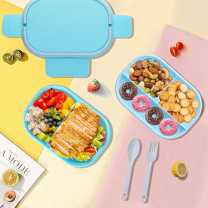 Itopor Bento Box for Kids, Stackable Kids Lunch Box, Pale Blue, 40 oz | Leakproof 2-compartment base, 3-compartment snack tray, hidden handle & utensils. BPA-Free, microwave & dishwasher safe