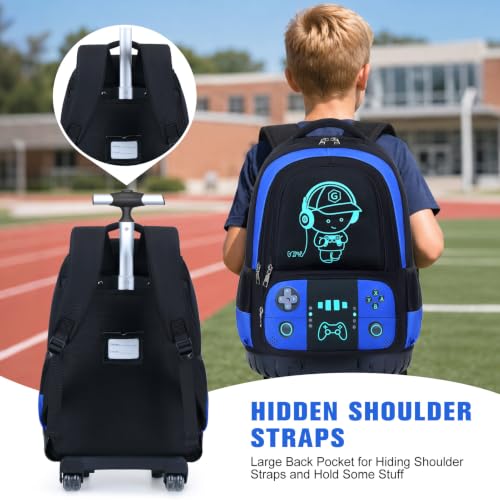 Bevalsa Rolling Backpack for Boys,Cool Luminous Gamer Roller School Backpacks with Lunch Box & Pencil Case,Kids Wheeled Schoolbag Bookbag with Wheels for Kindergarten Elementary School Travel - color: Blue