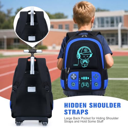 Bevalsa Rolling Backpack for Boys,Cool Luminous Gamer Roller School Backpacks with Lunch Box & Pencil Case,Kids Wheeled Schoolbag Bookbag with Wheels for Kindergarten Elementary School Travel - color: Blue