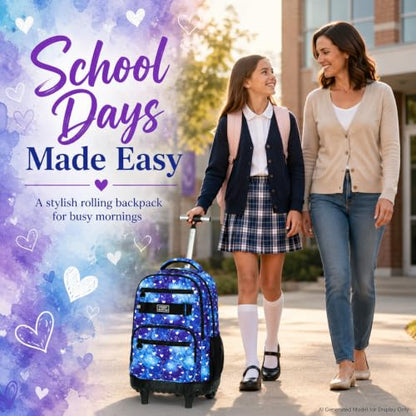 3Pcs Rolling Backpack for Girls, 19 Inche Women Roller Bag with Wheels for Adults, Wheeled Bookbag with Lunch Box(Blue) - color: Blue Love