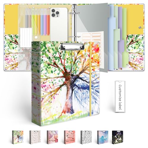 2 Inch 3 Ring Binder Organizer, Three Ring Binder with Clipboard, 5-Tabs Pockets Dividers, Transparent Folder,18 Divider Stikers, BVSSX Decorative Binders for Letter Size 8.5"x11" Paper (Seasons Tree) - color: 02-season Tree, size: 2in（Letter Size）