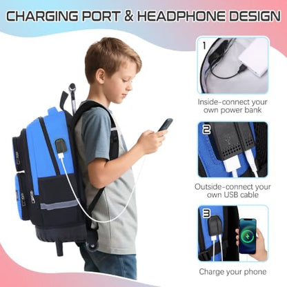 Jafeton Rolling Backpack for Boys, 3 PCS Gamer Boy Backpack Set with Lunch Box & Pencil Pouch, Roller Wheels School bag for Boys Kids Teens, Elementary Middle School, Kids Bookbag Casual Daypack - color: Blue