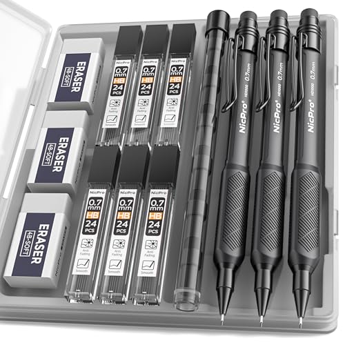 Nicpro 0.7 mm Mechanical Pencil Set with Case, 3PCS HD1000 Mechanical Pencils 0.7 With 6 Tube HB Lead Refills, Eraser, Weatherproof Barrel for Outdoor Writing Drafting Drawing Sketching - style: 0.7mm(3 Pcs)