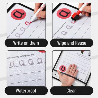 Mr. Pen- Large Reusable Dry Erase Pockets, 24 Pack, Black | Clear Plastic Sheet Protectors, Teacher, School, Classroom Supplies - color: Black, size: 24 Pack