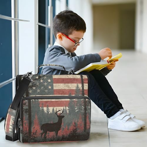 Cute Deer American Flag Zipper Binder Bag 3 Ring with Handle Shoulder Strap, Binder File Organizer Bag Storage Case for Work Office School
