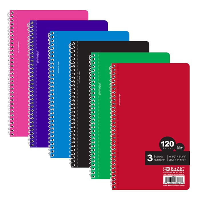 BAZIC PRODUCTS 3-Subject Spiral Notebook, College-Ruled, 120 Ct, 6 Titles | 120 college-ruled sheets, wire binding lays flat, 9.5 x 5.75 in - size: 6-Pack