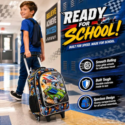 WZLVO 3PCS Kids Rolling Backpack, 18" Race Car Print Rolling Bookbag, Includes Matching Lunch Bag & Pencil Bag - Red Racing Speed - color: 3PCS Boys Rolling Backpack - Red Racing Speed