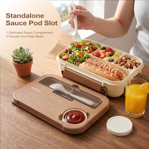 Bento Box Adult Lunch Box, Lunch Containers for Adults 44.5 Oz/5 Cup, Khaki | BPA-Free, Lid-Top Sauce Tray, Leak-Proof, 1300mL, Removable Silicone Sealing Ring, Lid-Top Utensil Slot with Included Cutlery - color: Khaki