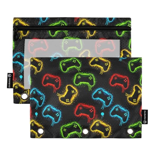 Game Joystick Black 3 Ring Binder Pockets 2 Pack, Clear Window Zipper Pouch for 3 Ring Binder, Pencil Pouch for School Supplies, College Binder Accessories for Boys Girls - color: Joystick