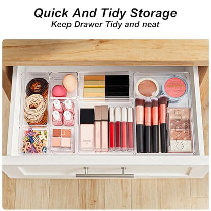 SMARTAKE 7-Piece Drawer Organizer with Non-Slip Silicone Pads, 4-Size Desk Drawer Organizer Trays Storage Tray for Makeup, Jewelries, Utensils in Bedroom Dresser, Office and Kitchen (Clear) - style: 7 PCS
