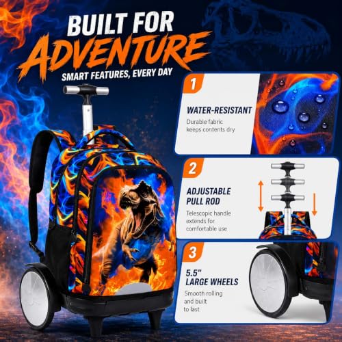 UFNDC Big Wheel Rolling Backpack for Boys, Water-Resistant Wheeled School Bag with Lunch Box & Pencil Case, 3-Pack Kids Roller Bookbag Travel Set - Fire Dinosaur - color: Rolling Backpack Fire Dinosaur Orange