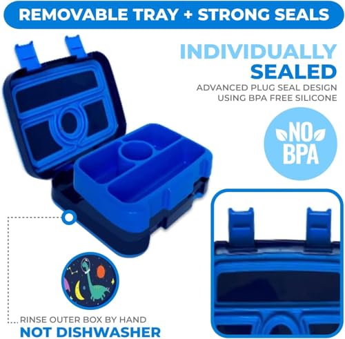 kinsho Kids Lunch Box - Bento Box for Boys Toddler Daycare, 4 Portion Sections with Lid, Snack Container Pre-School Kid Lunches Toddlers Removable Tray BPA Free, 3+ Years Old, Blue Rocket Dinosaur - color: Blue Rocket Dinosaur Bento
