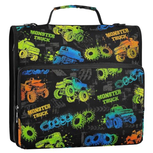 Monster Truck 3 Ring Zipper Binder Bag with Shoulder Strap for School | 2 Inch 3 Ring, Secure Zippered Closure, Organizer Pockets for Classification, Heavy Duty File Organizer - color: Monster Truck