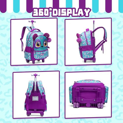Meetbelify Rolling Backpack for Girls Backpacks with Wheels for Elementary Preschool Students Kids 3 in 1 Travel Luggage Carry on Suitcase with Lunch Box Pencil Case for Girls Age 8-10 - color: Blue Purple
