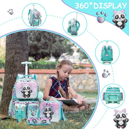 Meetbelify Kids Rolling Backpack with Wheels for Girls Rolling Backpacks with Lunch Box for Elementary School Students 3 in 1 Cute Panda Travel Luggage Suitcase for Girls Age 8-10 - color: Girl Panda