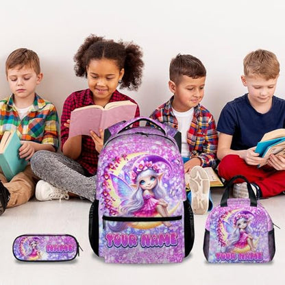 COZYAURA Girls School Backpack Personalized with Name - 3-Piece Backpack Set with Insulated Lunch Box & Pencil Case, Fairy Design for Kindergarten & Elementary Students - color: Pink