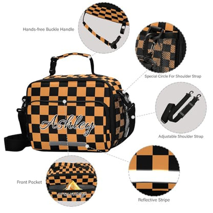 Custom Student Lunch Bag for Boys Girls Black Orange Checkerboard Personalized Lunch Box With Name Insulated Cooler Bag for School Picnic Travel - color: Multi01