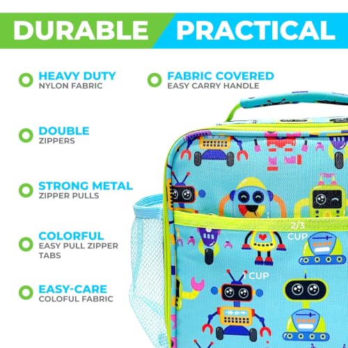 kinsho Bento Lunch Box and Insulated Bag, Water Bottle & Ice Pack Set for Kids Toddlers, 4 Portion Sections, Removable Tray, Pre - School Kid Toddler Daycare, Snack Container, Robot - color: Robot Set