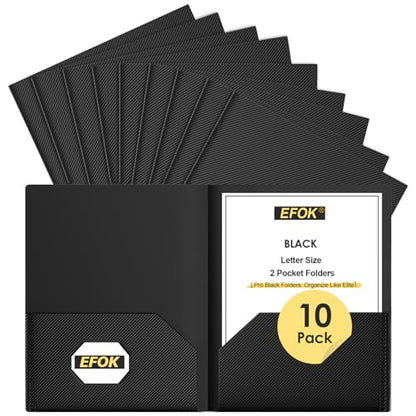 10 Pack Heavy Duty Black Plastic Folders with 2 Pockets, Textured Light Luxury File Folders with Business Card Slot, Letter Size Filing Supplies for Back to School & Office Organization