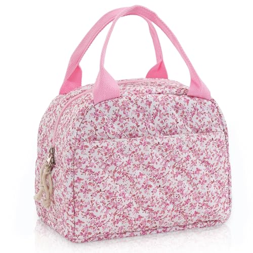 Lunch Bag for Women Insulated Cotton Quilted Lunch Box Reusable Cooler Bag Portable Cute Floral Corduroy Leakproof Tote Bags for Travel, Work, and Picnic, Blush Bloom - color: Blush Bloom, size: M